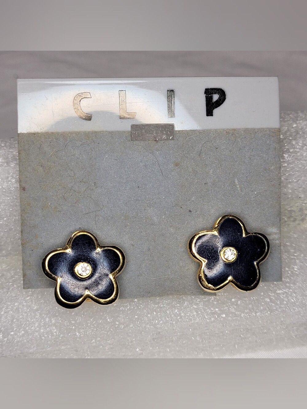 Navy Blue Flower Stud Clip On Earrings with Gold Trim